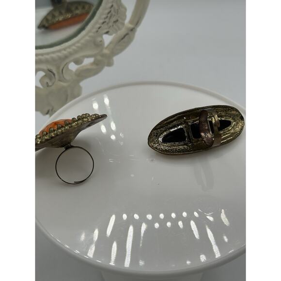 Vintage Gold Tone Adjustable Rings Agate Orange Excellent Made In China - Picture 5 of 7